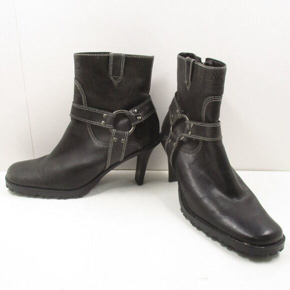 Womans HARLEY-DAVIDSON Ankle Buckle Zipped Boots Black Leather  3" Heel Size 8 - Picture 1 of 11